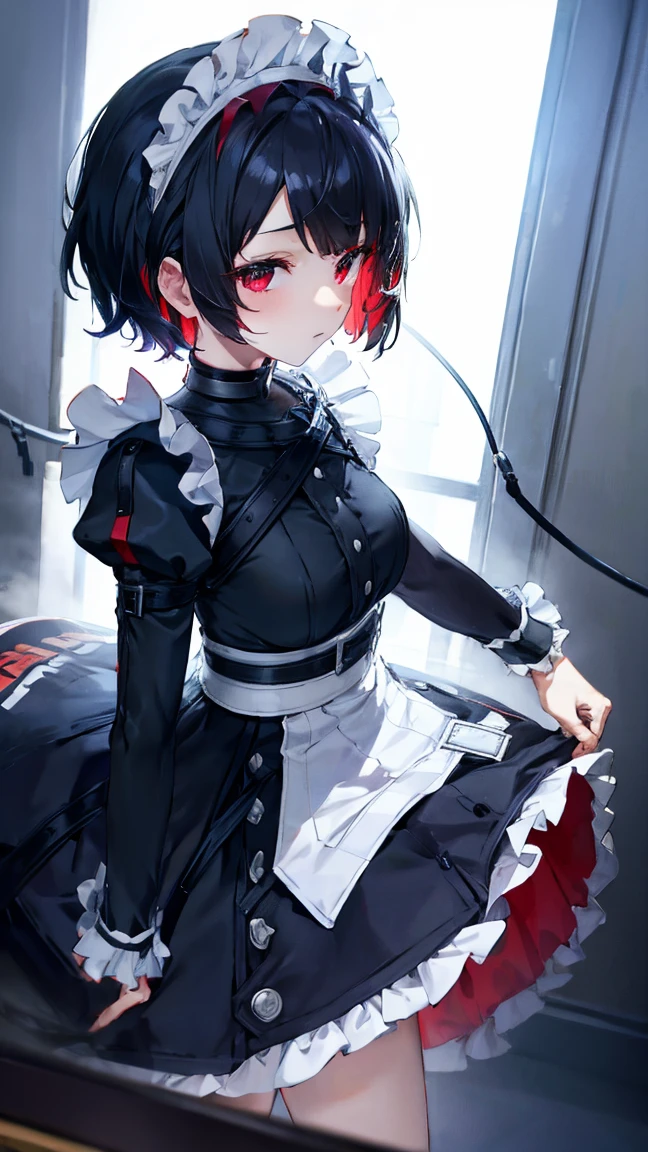 high resolution,high resolution,Kizi,Bblack hair,shorth hair,Eyes red,tilted eyes,humor,juvenile,苗条,toned body,,,maid clothes,starry sky,choker, dance mask covering the face