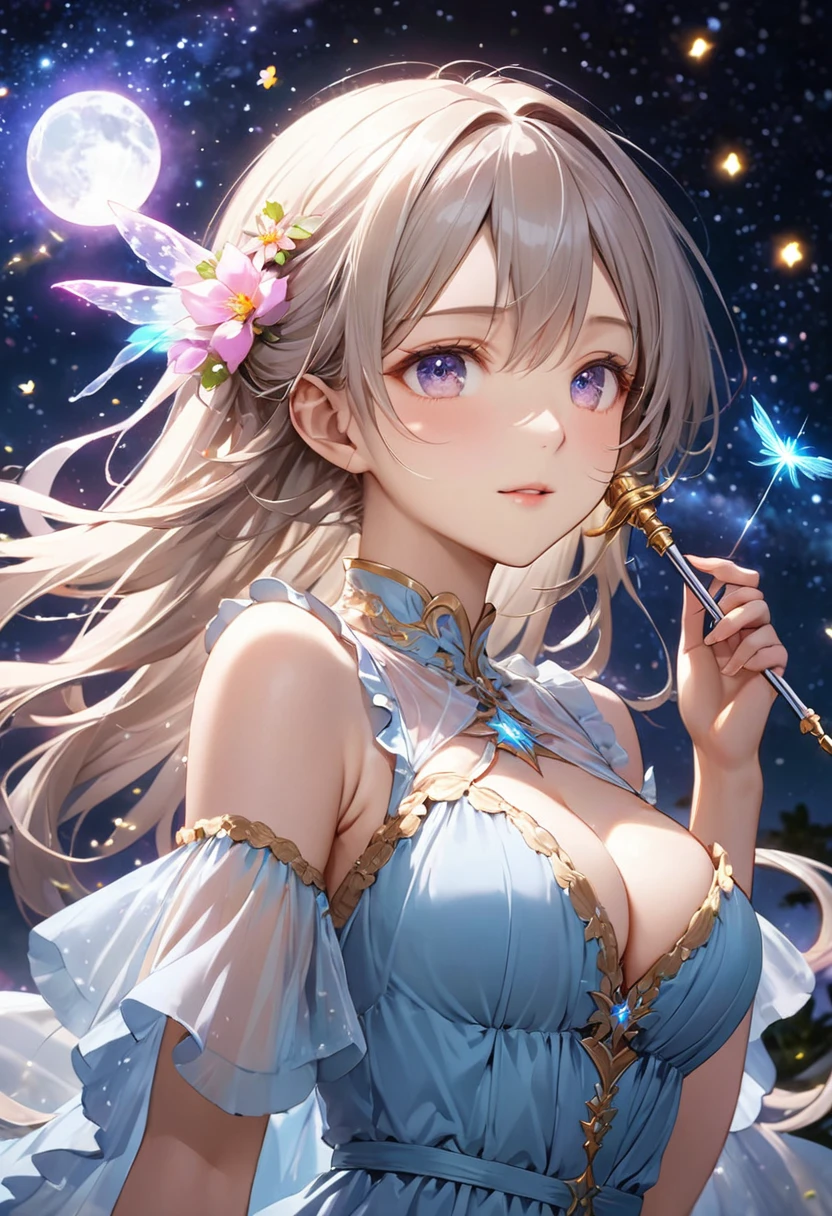 Highest quality, Great quality, 16K, Unbelievably absurd, Very detailed, 2.5D, delicate and dynamic, Small faint lights and flying fireflies, night, Starry Sky, milky way, nebula, shooting star, Flowers, bird, Wind and Moon, Very delicate facial expressions, Delicate eye depiction, Upper body close-up, erotic, Only sexy women, Healthy body shape, 22-year-old woman, White Devil Guide, Height: 170cm, Large, firm, swaying bust, Colorful magic wand, A long dress with a complex structure, Colorful long dress, Ruffled see-through long dress