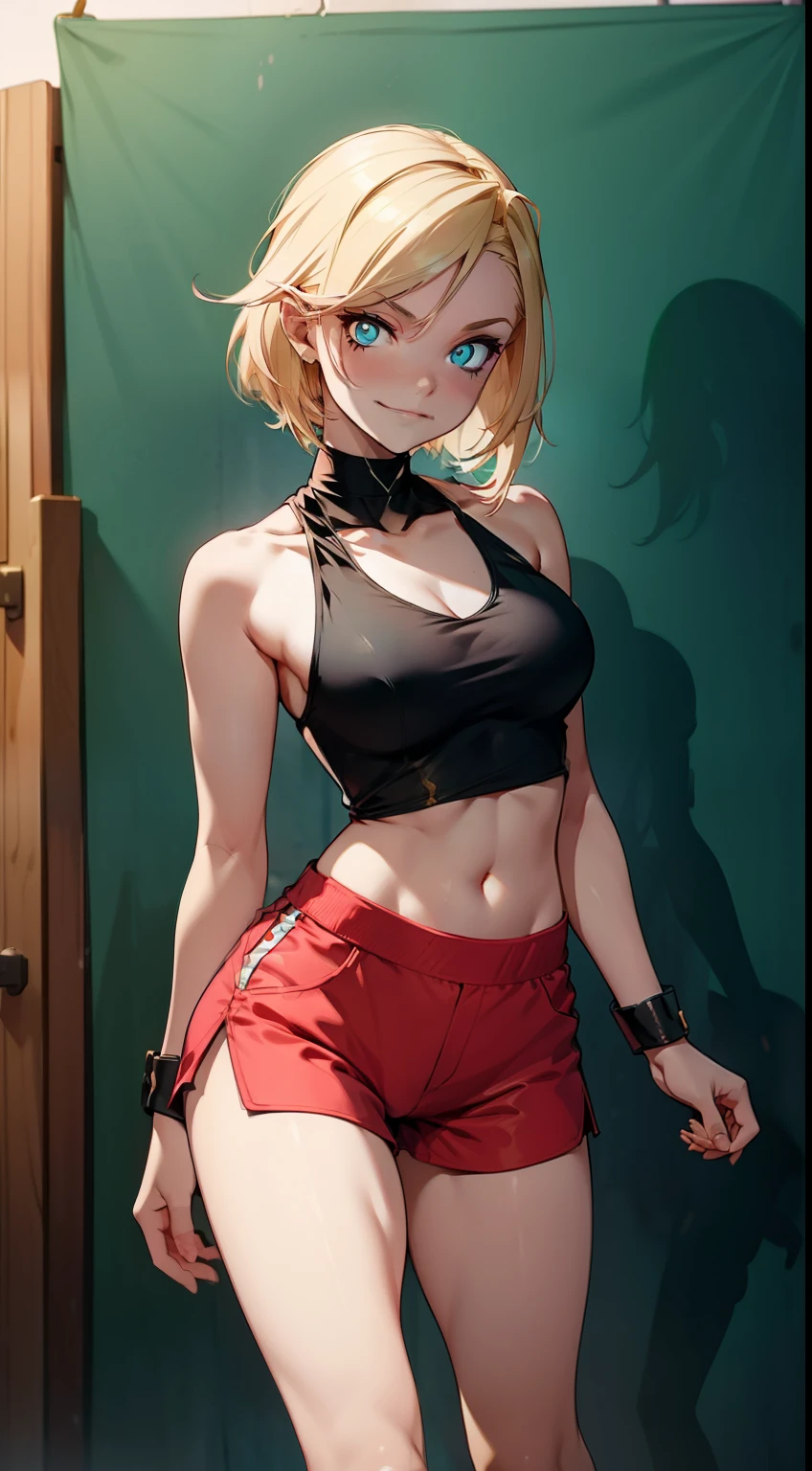 young girl, longue blonde hair, Hairpin with a bundle, turquoise eyes, red tight uniform, Sleeveless, Wide neckline on the chest to the abdomen, Gold Elements, Shorts, smirk, Masterpiece, hiquality, 4k, HD, Good details fullbody view