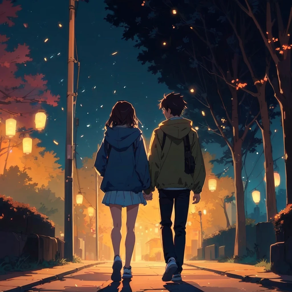 two people walking down a street at night with lanterns in the sky, 4k anime wallpaper, 4k anime wallpaper, anime art wallpaper 4k, anime art wallpaper 4k, animated background, anime art wallpaper 8k, 4k anime wallpaper, Walking together, Anime Wallaper, manga wallpaper 4k, Lofi Stylestyle, Lofi Style