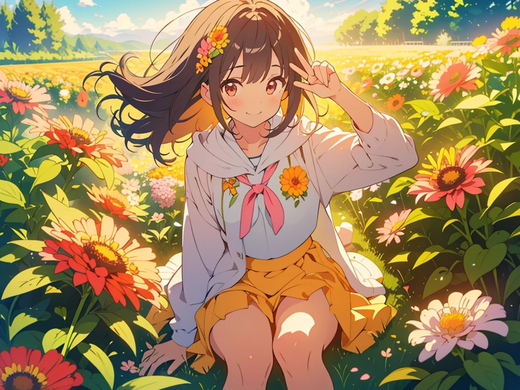 kawaii, anime, Cute, hyper quality, highly detailed, 8k, Clarity, Draw facial expressions in detail, A girl with long dark brown hair winks, peace sign, colorful zinnia flower field, highlight on eyes, throw both hands up, smile, clear sky, The wind passes through, Flowers waving in the wind, Colorful zinnia petals dance in the sky, Flower shower of zinnia petals, Sit with one leg extended and your knees raised, There is a diary nearby, flower shower, red zinnia, yellow zinnia, white zinnia, pink zinnia, wearing a short-sleeved hoodie, skirt, aerial view, sit, The expression is a wink, A cluster of colorful zinnias grows, The flowers are wet with morning dew and shine, A bird flaps its wings in the sky, Thank you for waving, The color of the open eyes is green, upward glance, wave one's hands, peace sign,