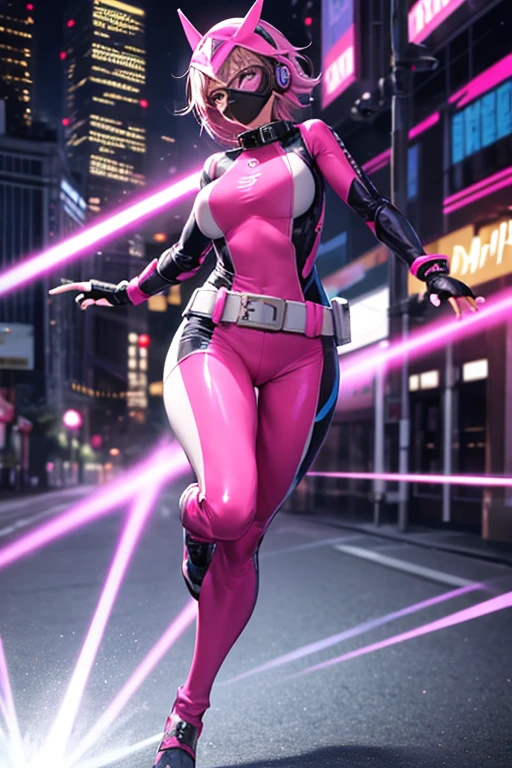 ((best quality)), ((masterpiece)), (detailed), 1 girl, full body, 20s, young adult, masked, black mask covering her entire head, smooth head, biker helmet, biker helmet with blue headphones on the sides, flashlight on her forehead, short pink hair coming out of her helmet, face, black collar, tall, slim, athletic, circles on her wrists, pink details, black fingerless gloves, pink wristbands, nanotech speedster suit that resembles light armor, blue chest with an emblem, blue chest, black suit with pink lines, pink speed emblem on her chest, pink emblem, blue pants, gray knee pads, metallic pink boots, white superhero belt, running through the city, pink light trail, laser, city background, anime