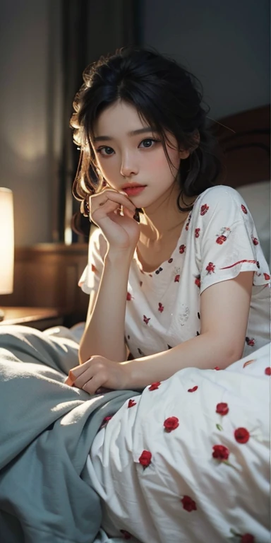 (masterpiece: 1.2, Portraiture, Highest quality), Realistic, (Live Action, Intricate details, Written boundary depth), Highest quality, masterpiece, Attention to detail, semi-Realistic, sleeping in bed, shy, 21 years old, Short Blonde, blue eyes, pajamas, Slim figure、Canopy bed、