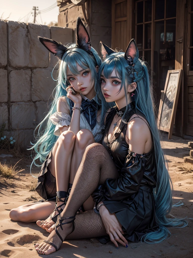 Goddess, Hatsune Miku, Gradient Eyes, Watery Big Eyes, Colored Eyelashes, Beautiful Eyes, Lipstick, Cat Mouth, Rabbit Ears, Angry, Hair Over the Shoulder, Blue Hair, Asymmetric Bangs, Double Braids, Lolita Hair Accessories, Hairpins, Stud Earrings, Colars, Rings, Pendants, Brooches, Corsages, Ribbons, JK Uniforms, Fishnet Socks, Butterfly Wings, Legs Entwined, Ten Fingers Interlocked, Staddling, Library, Bust, Delicate Facial Features, Perfect Face, , Multiple Girls, Student, Short Eyebrows, Watery Big Eyes, Chestnut Mouth, Lipstick, Animal ears, annoyances, long hair, blue hair, crossed bangs, messy hair, Lolita hair accessories, bracelets, sapphire brooches, necklaces, nail polish, JK uniforms, pleated skirts, lace, bare feet, one-legged pantyhose, sitting sideways, learning to bark, tied to a cross, hands on someone else's waist, dusk, hills, desert, wasteland, atmospheric light, Tyndall effect, natural light