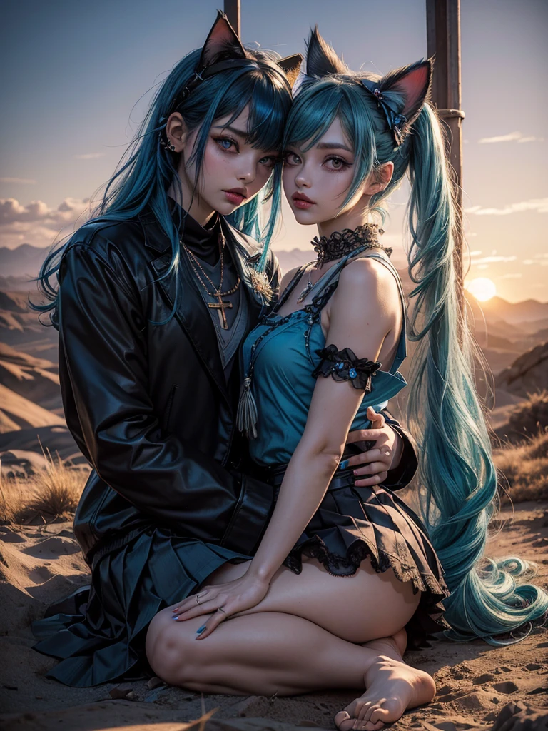 Goddess, Hatsune Miku, Gradient Eyes, Watery Big Eyes, Colored Eyelashes, Beautiful Eyes, Lipstick, Cat Mouth, Rabbit Ears, Angry, Hair Over the Shoulder, Blue Hair, Asymmetric Bangs, Double Braids, Lolita Hair Accessories, Hairpins, Stud Earrings, Colars, Rings, Pendants, Brooches, Corsages, Ribbons, JK Uniforms, Fishnet Socks, Butterfly Wings, Legs Entwined, Ten Fingers Interlocked, Staddling, Library, Bust, Delicate Facial Features, Perfect Face, , Multiple Girls, Student, Short Eyebrows, Watery Big Eyes, Chestnut Mouth, Lipstick, Animal ears, annoyances, long hair, blue hair, crossed bangs, messy hair, Lolita hair accessories, bracelets, sapphire brooches, necklaces, nail polish, JK uniforms, pleated skirts, lace, bare feet, one-legged pantyhose, sitting sideways, learning to bark, tied to a cross, hands on someone else's waist, dusk, hills, desert, wasteland, atmospheric light, Tyndall effect, natural light