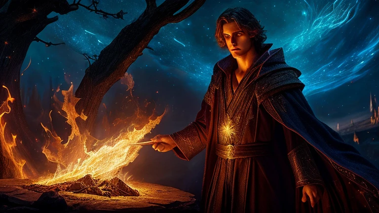 A 20 year old male wizard in a starry night sky robe, conjuring powerful fire magic, detailed facial features, dramatic pose, glowing fire effects, cinematic lighting, fantasy art, vibrant colors, digital painting, intricate details, epic scale, masterpiece