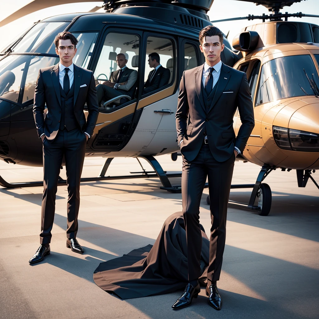 Rich young billionaire businessman in formal suits standing in front of his private helicopter