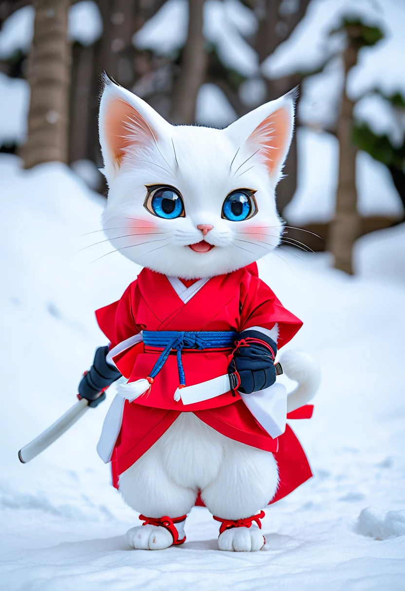 Cute samurai kitten standing up with a samurai at a winter climate.