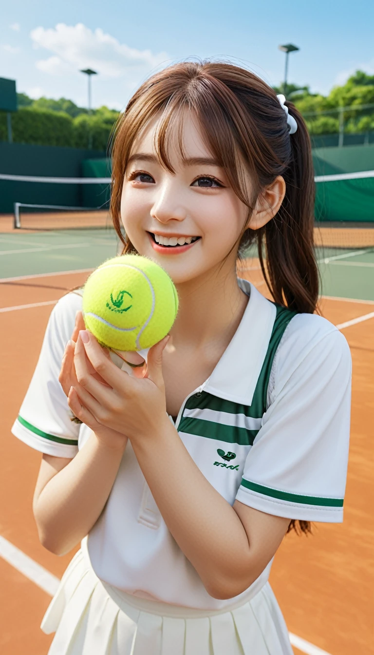(8k、Highest quality、masterpiece:1.2)、(Realistic、Photorealistic:1.37)、Ultra-detailed、1 girl、Beauty、cute、Laughter、solo、(Nose redness)、(Laughter:1.15)、(Shut your mouth.) 、Beautiful Eyes、(length:1.2)、Floating Hair NovaFrog Style、Upper body、(((Tennis court)))、(((Tennis Wear)))