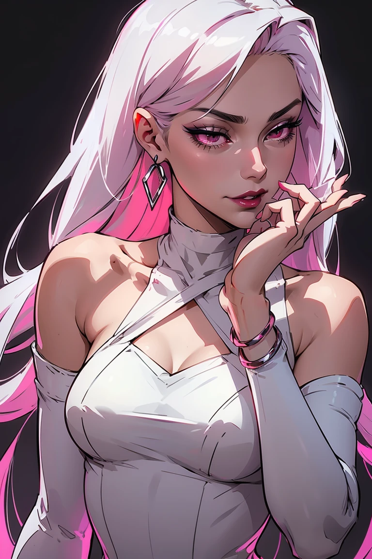 Goddess ((goddess-like woman)), slim, elegant silhouette, masterpiece, (close angle), best quality, pale skin, fair skin, sweet face, (masterpiece: 1.2, best quality), (real image, intricate details), (1 lady, solo, medium tits, small waist, ), ((Jinx/LOL)), beautiful face, kissable lips, very long white hair, slicked back hair, (very long white hair), white hair , VERY LONG HAIR , (very long white hair), perfect makeup, realistic face, detailed red pink eyes, (red pink eyes) bright red pink eyes, very long hair, eyelashes, mouth slightly open, she has an impressive presence, bracelet, hoop earrings, jewelry , beautiful face, beautiful eyes, side view, side view, she is wearing a white Cut Out Straps Dresses, upper body view, sweet irresistible smile, elegant pose, elegant hands, beautiful hands, perfect fingers, background: old town, medieval city, stone houses market place,