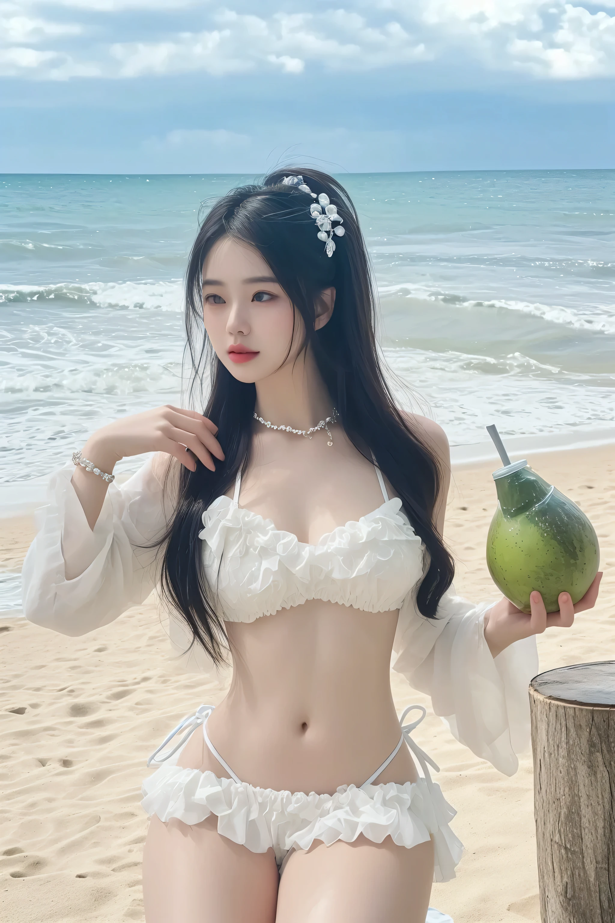 there is a woman in a bikini and a coconut drink on the beach, wearing two - piece swimsuit, attire: bikini, guweiz, white bikini, xintong chen, ulzzang, elegant bikini, pale snow white skin, cute bikini, swimsuit, wearing pearl neon bikini, belle delphine, cutecore, chengyou liu, pale milky white porcelain skin