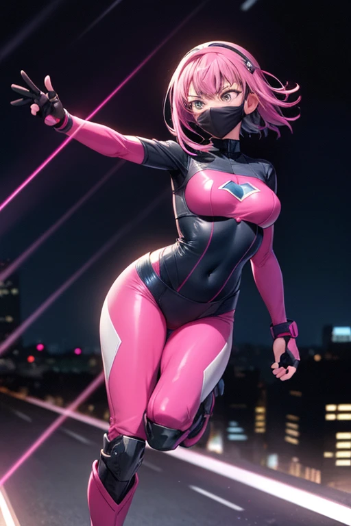 ((best quality)), ((masterpiece)), (detailed), 1 girl, full body, 20s, young adult, masked, black mask covering her entire head, smooth head, biker helmet, biker helmet with blue headphones on the sides, flashlight on her forehead, short pink hair coming out of her helmet, face, black collar, tall, slim, athletic, circles on her wrists, pink details, black fingerless gloves, pink wristbands, nanotech speedster suit that resembles light armor, blue chest with an emblem, blue chest, black suit with pink lines, pink speed emblem on her chest, pink emblem, blue pants, gray knee pads, metallic pink boots, white superhero belt, running through the city, pink light trail, laser, city background, anime