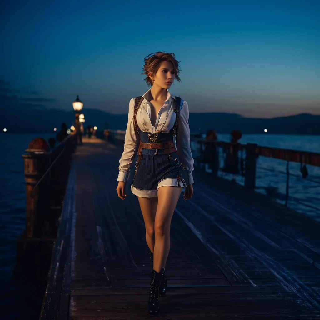 beautiful woman, wearing Final Fantasy style clothes, looks tomboyish, intricate details, walking on the pier, enjoying the evening atmosphere, volumetric lighting