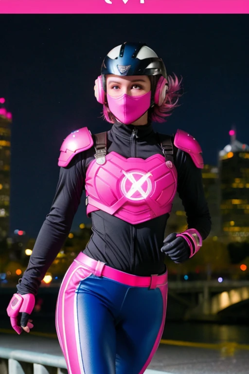 ((best quality)), ((masterpiece)), (detailed), 1 girl, full body, 20s, young adult, masked, black mask covering her entire head, smooth head, biker helmet, biker helmet with blue headphones on the sides, flashlight on her forehead, short pink hair coming out of her helmet, face, black collar, tall, slim, athletic, circles on her wrists, pink details, black fingerless gloves, pink wristbands, nanotech speedster suit that resembles light armor, blue chest with an emblem, blue chest, black suit with pink lines, pink speed emblem on her chest, pink emblem, blue pants, gray knee pads, metallic pink boots, white superhero belt, running through the city, pink light trail, laser, city background, anime