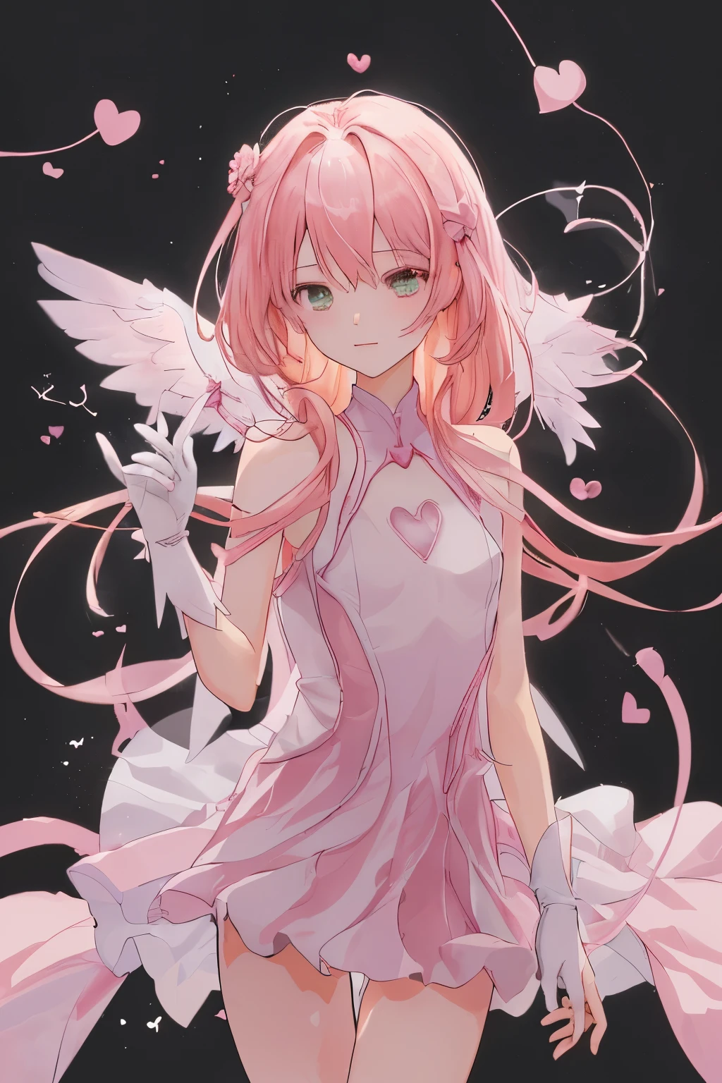 1_girl, (anime, kawai:2), (masterpeice, best_quality, simple, cute, dreamy, vibrant, clean:1.8), (cute, cute_smile, young:1.6), (delicate, beautiful, thin:1.5), (girlfriend, angel:1.8), (green_eyes, simple_eyes:1.8) (long_hair, blond_hair, wearing_pink_dress, pink_angel_wings, gloves:1.8), extremely_delicate, (love_magic:1.5), (age_size_fits_body), (small_thighs, thin:1.8), (breasts), (eye_level:1.3), (heart_magic, love:1.5), (dancer:1.2)