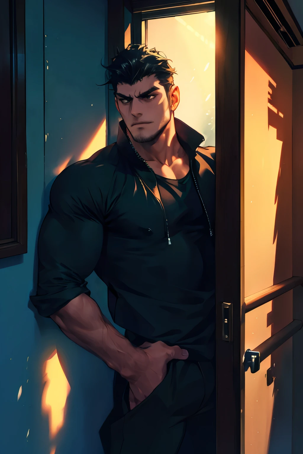 Male, late 30s, Muscular, Intimidating, Grumpy, Irritated, Dilf, Handsome, Big, Tall, Looking annoyed at the camera, Black short haired, Black eyes, leaning on the door frame, him opening the door to room 405, living room behind the door, Evening, Shadows, Mysterious, Anxious, Tight black long sleeve, Dark atmosphere, Autumn Colors, Vibrant colors, Semi-Realistic, Illustration, shading, vibrant, smooth textures, Anime adjacent