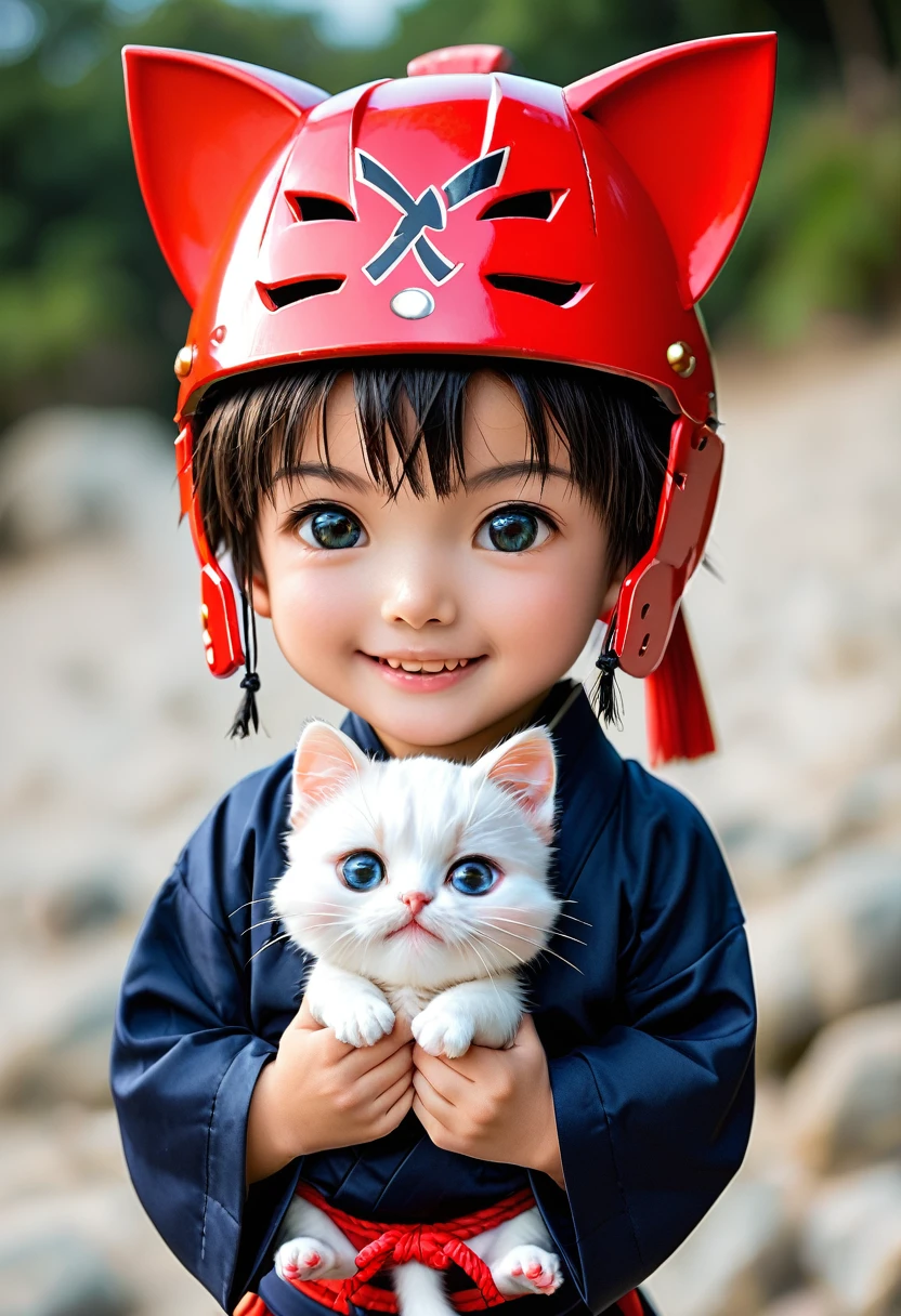 Cute male kitten with a samurai helmet