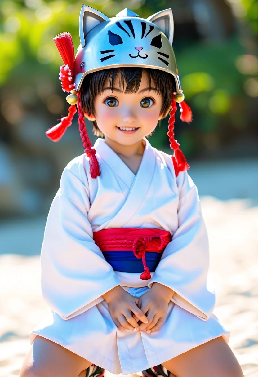 Cute male kitten with a samurai helmet