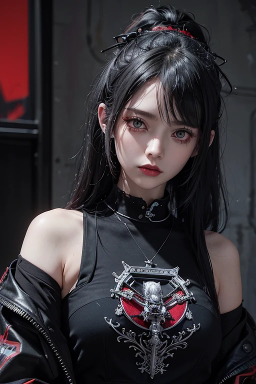 Highest quality、、masterpiece:1.3、Gothic Punk、Red inside、Gray Black Hair、hair ornaments、beautiful girl、creative、Punk Shirt、Neogoth、Goth Fashion:1.2、High resolution、masterpiece、Highest quality、頭w:1.3、((Hasselblad Photos))、Fine skin、Sharp focus、(Cinema Lighting)、Explore Tokyo'The city at night beyond the neon lights, Forehead open, 29-year-old、Petting'Hair back、Shoulder Bare、Small red rose tattoo on the décolletage