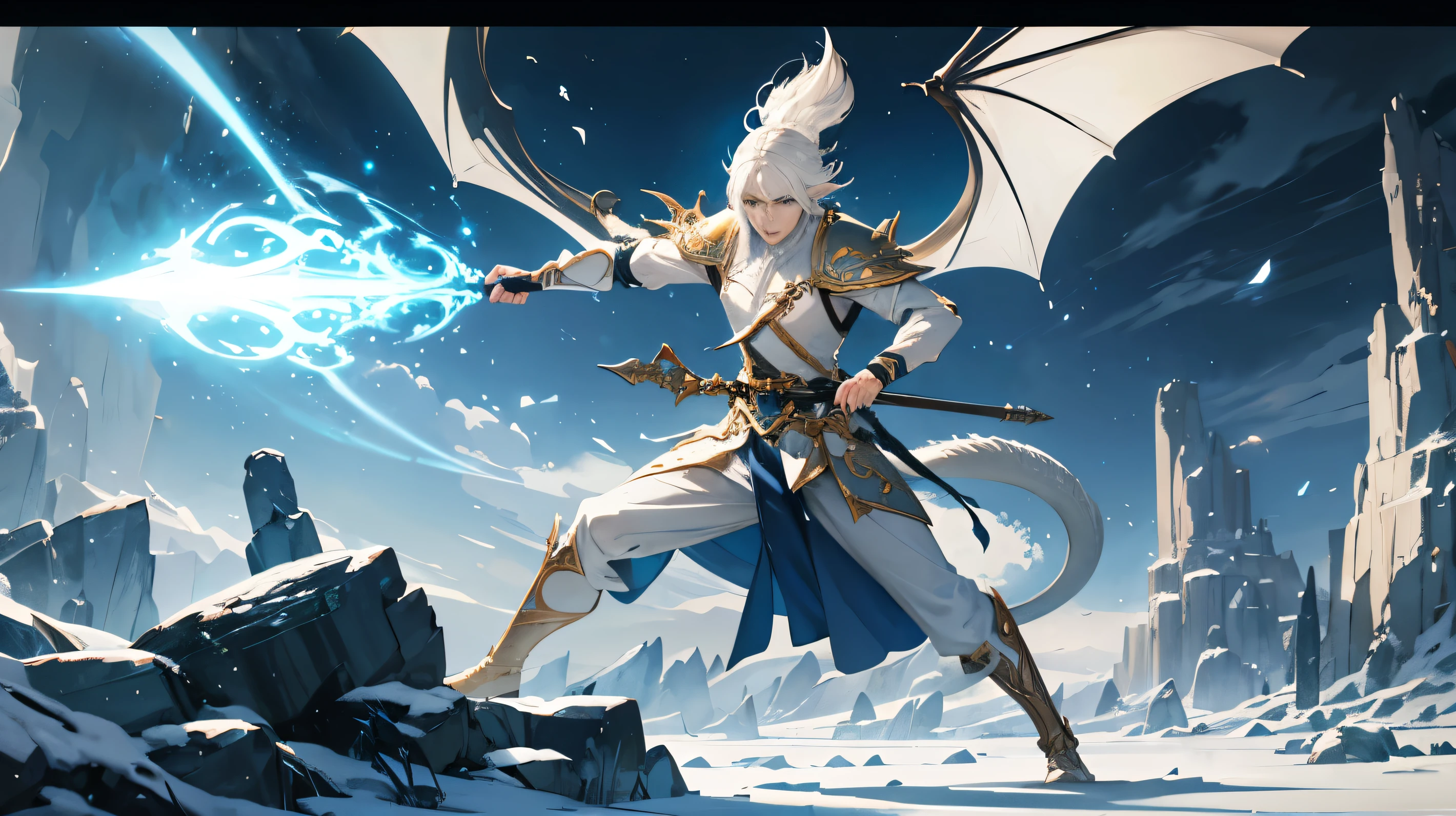 a white-haired elf mage wielding a magical staff, fighting a mighty dragon, fantasy landscape, cinematic lighting, highly detailed, intricate art, epic scale, dynamic action pose, vibrant colors, dramatic atmosphere, photorealistic, 8k, award-winning digital art