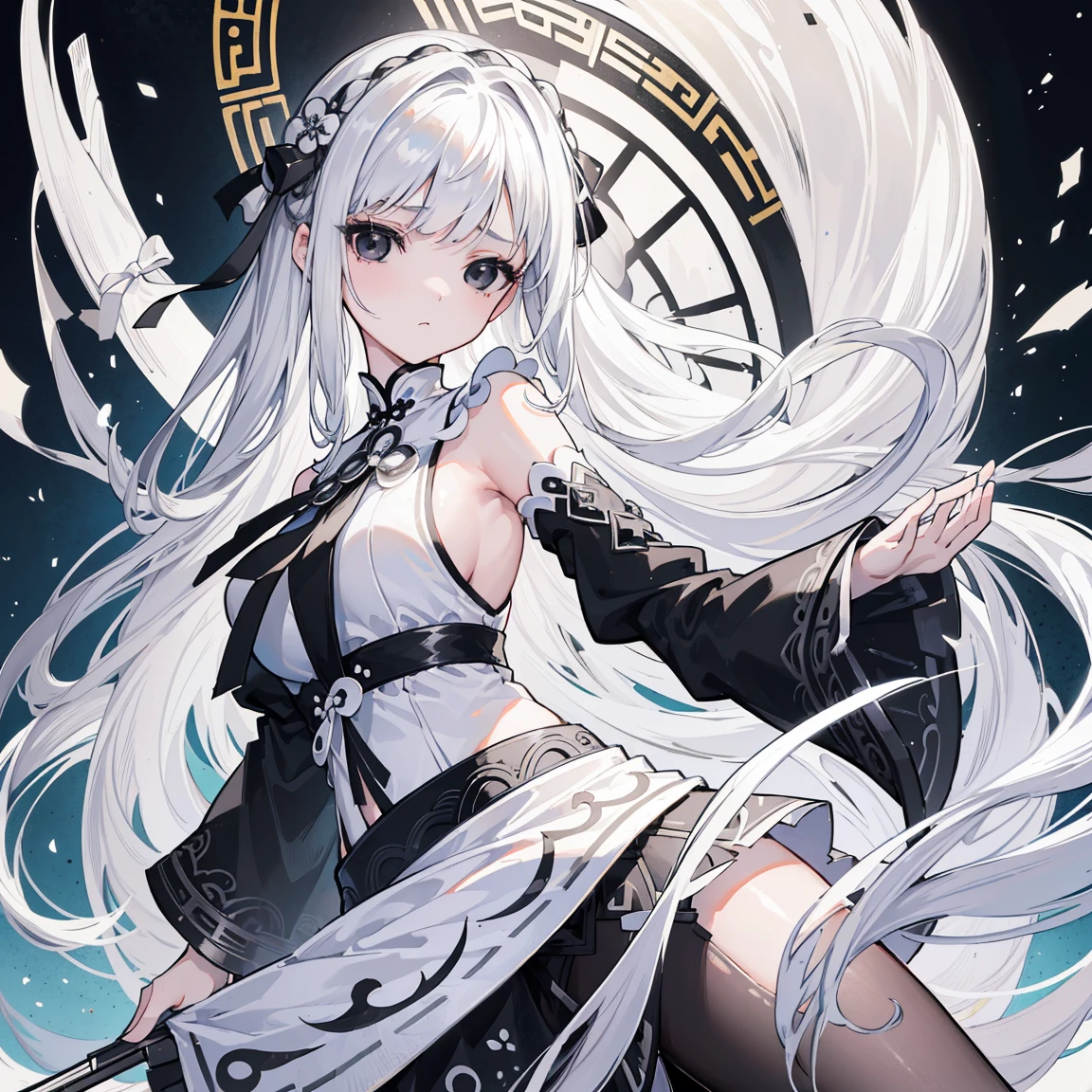 (Top image quality)、(Very detailed)、(Facing forward)、Top quality、masterpiece、(((1 girl )))、Silver Hair、White hair、((Long hair))、Weaving、(black eyes:1.6)、(White and black cheongsam)、Lots of decorations、Lots of ribbons、White Ribbon、Haggard、Fluffy loose hair