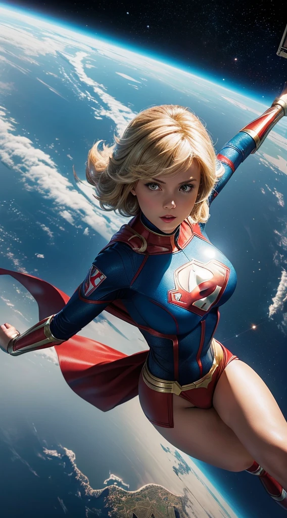 ((She's in space)), (Superhero Power Girl floating above the planet)), (There&#39;s a look of disdain on her face), (Power Girl has blonde hair, she has short hair)), (pin-up) (Power girl wearing white bodysuit, blue gloves and boots, And Little Red Riding Hood), better quality) 1.5, 1 woman, alone, (sexy, Pretty Woman, perfect face, perfect eyes), whole body.