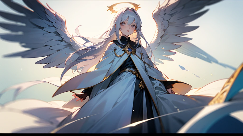 Long white hair Silver Eyes god々White clothes Big angel wings Lori