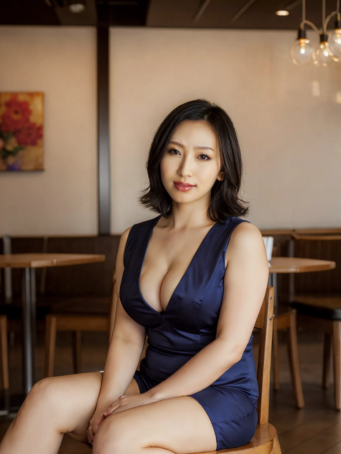 ((the highest quality、8k、A masterpie:1.3)), 1 woman, aisayama_jav, breasts, cleavage, short wavy hair, black hair, light skin, sitting, wearing modest dress, lip gloss,
looking at viewer, shot using canon DSLR, portrait shot, full body shot,
realistic face, sitting in a crowded coffee shop,
(ultimate quality, masterpiece, highres:1.0), realistic:1.6, photorealistic, professional photography, portrait photography,