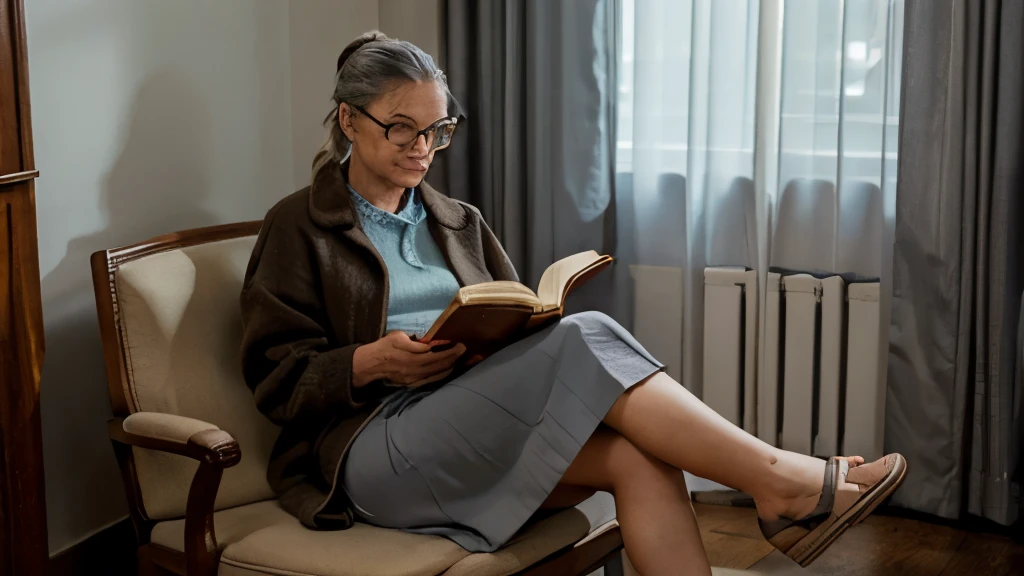 Elderly woman reading a book, sitting on a chair , gray hair pulled back, brown jacket, long blue skirt, She's wearing glasses , slippers on feet.