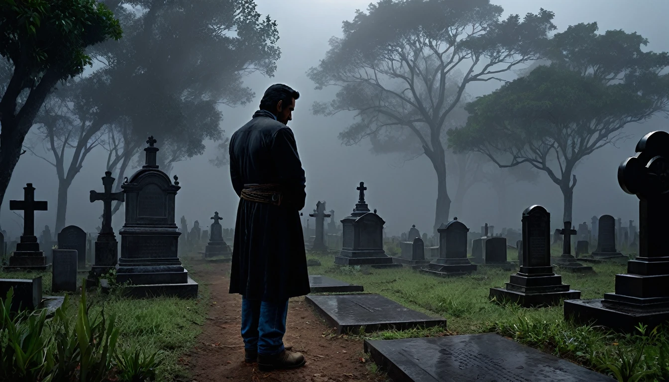 024: Create a detailed and ultra-realistic night scene in a 16:9 format featuring Juan Carlos Martínez, an experienced truck driver, in an overgrown, forgotten cemetery. He is a middle-aged man with a rugged appearance, wearing a dark jacket, jeans, and boots. The truck's headlights cast long, eerie shadows across the cemetery, adding to the ominous atmosphere. Standing before the tombstone of Isabela Rodríguez, dated 1823-1847, Juan Carlos feels a wave of compassion for the woman and decides to say a prayer for her soul, hoping to help her find peace. As he prays, he senses a presence around him, but this time it is warm and comforting. The figure of Isabela briefly reappears, with an expression of gratitude before disappearing for good. The fog around the cemetery begins to dissipate, and Juan Carlos feels that some of the malevolence that inhabited the forest has been appeased. The scene should have a dark background, cinematic color tones, and a detailed, realistic depiction of the character and setting. The overall mood should be one of serene resolution, with a strong contrast between the previously eerie, foggy cemetery and the now calm and comforting atmosphere as Juan Carlos helps bring peace to Isabela's spirit.