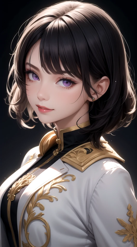 (masterpiece, best quality), intricate details, thin, ((slim)), beautiful girl, black hair, white skin, light purple eyes, sharp jawline, cropped jacket, messy hair, lips, upper body, close up, smirk