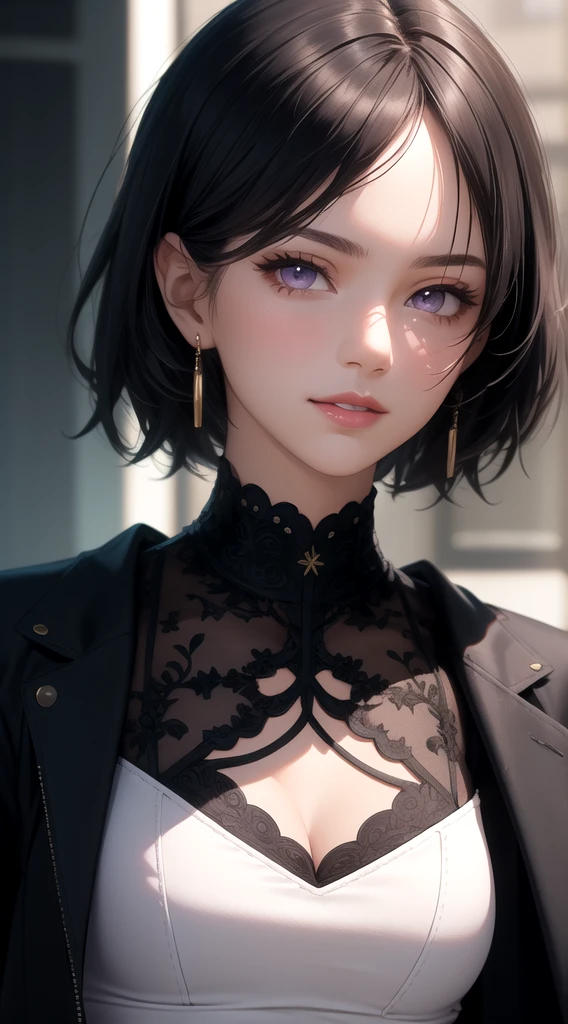 (masterpiece, best quality), intricate details, thin, ((slim)), beautiful girl, black hair, white skin, light purple eyes, sharp jawline, cropped jacket, messy hair, lips, upper body, close up, smirk
