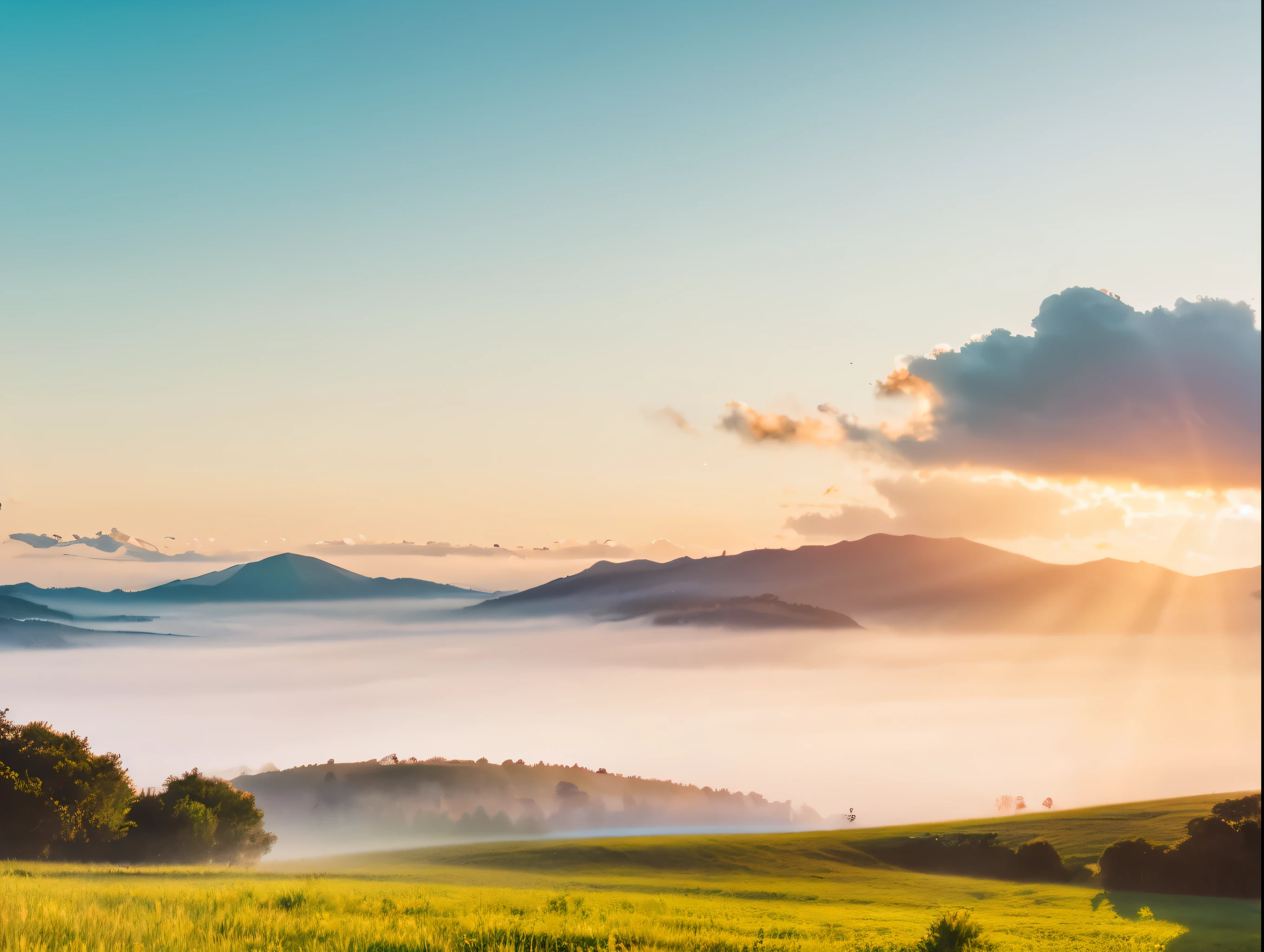 detailed pastel minimalist landscape, vibrant pastel colors, soft focus, dreamy atmosphere, minimalist composition, serene nature scene, simple rolling hills, peaceful lake reflection, wispy clouds, golden hour lighting, intricate details, delicate textures, cinematic mood, understated beauty, elegant minimalism, tranquil ambiance, soft pastel tones, muted palette, picturesque scenery, harmonious composition