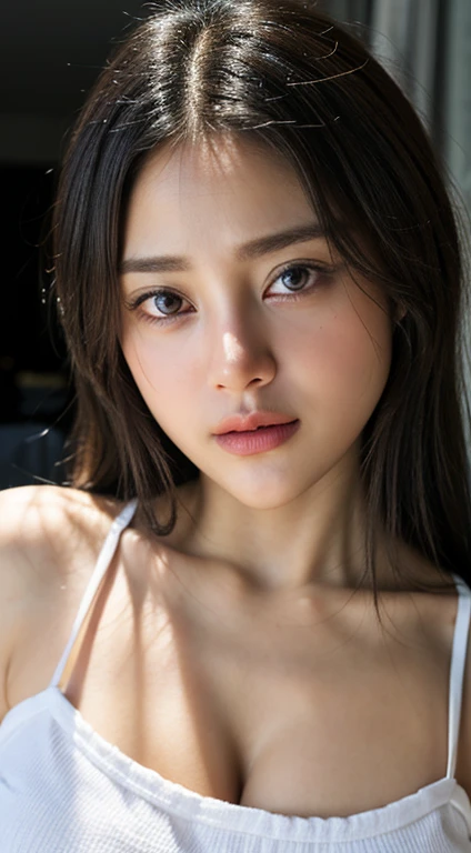 dressed, (photo realistic:1.4), (hyper realistic:1.4), (realistic:1.3), (smoother lighting:1.05), (increase cinematic lighting quality:0.9), 32K, 1girl,20yo girl, realistic lighting, backlighting, light on face, ray trace, (brightening light:1.2), (Increase quality:1.4), (best quality real texture skin:1.4), finely detailed eyes, finely detailed face, finely quality eyes, (tired and sleepy and satisfied:0.0), face closeup, white loose tank top , (((black under strap))) (Increase body line mood:1.1), (Increase skin texture beauty:1.1), taniaayusiregar, huge breasts