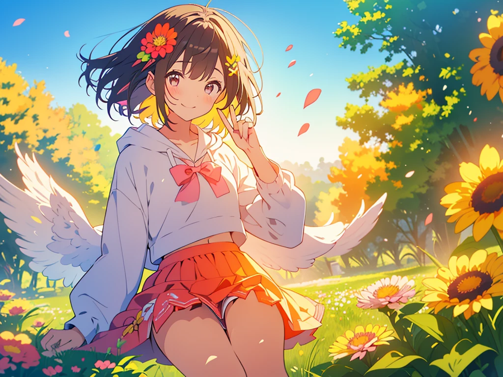 kawaii, anime, Cute, hyper quality, highly detailed, 8k, Clarity, Draw facial expressions in detail, A girl with long dark brown hair winks, peace sign, colorful zinnia flower field, highlight on eyes, throw both hands up, smile, clear sky, The wind passes through, Flowers waving in the wind, Colorful zinnia petals dance in the sky, Flower shower of zinnia petals, Sit with one leg extended and your knees raised, There is a diary nearby, flower shower, red zinnia, yellow zinnia, white zinnia, pink zinnia, wearing a short-sleeved hoodie, skirt, aerial view, sit, The expression is a wink, A cluster of colorful zinnias grows, The flowers are wet with morning dew and shine, A bird flaps its wings in the sky, Thank you for waving, The color of the open eyes is green, upward glance, wave one's hands, peace sign,