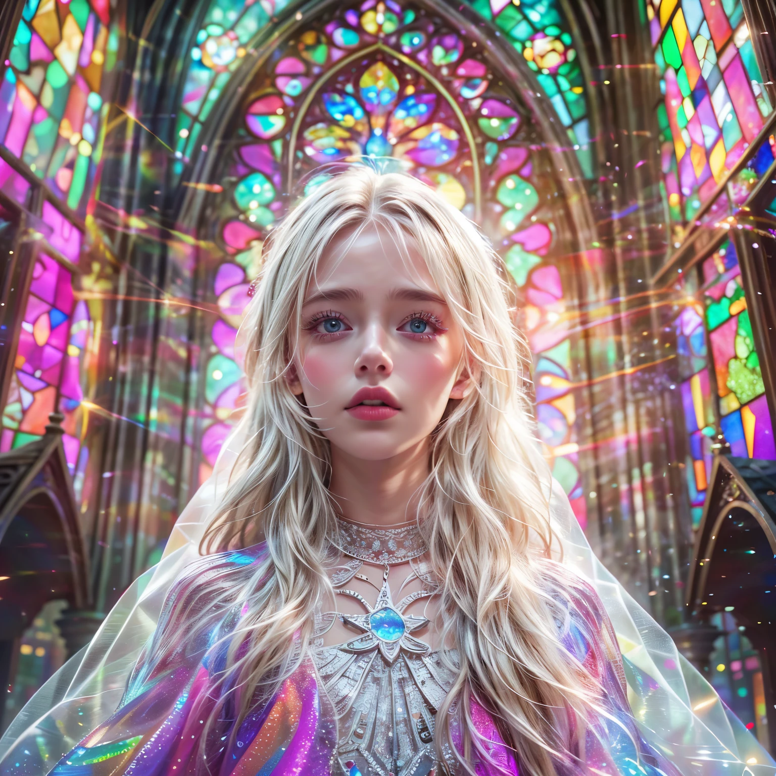 (Cathedral from below:1.28) (BokeH ZoomLayer) (TopQuality 8K masterpiece of ((Professional photo:1.37))), (((Clarisse de Cagliostro))) (Detailed White WeddingDresses), Chain, (CloseUp of (Extremely detailed (KAWAII face))) {((VeiledFace))|BlondeHair|(Elaborate BuleEyes)with(SparklingHighlights:1.28)}, The background is distant (((Elaborate stained glass))) Rainbow Glass, {(MysticSight)|EnchantingAtmosphere|Haze|(GodRays)|TyndallEffect}, Radiant PearlSkin with Transparency, (Exposed:0.64), BluB