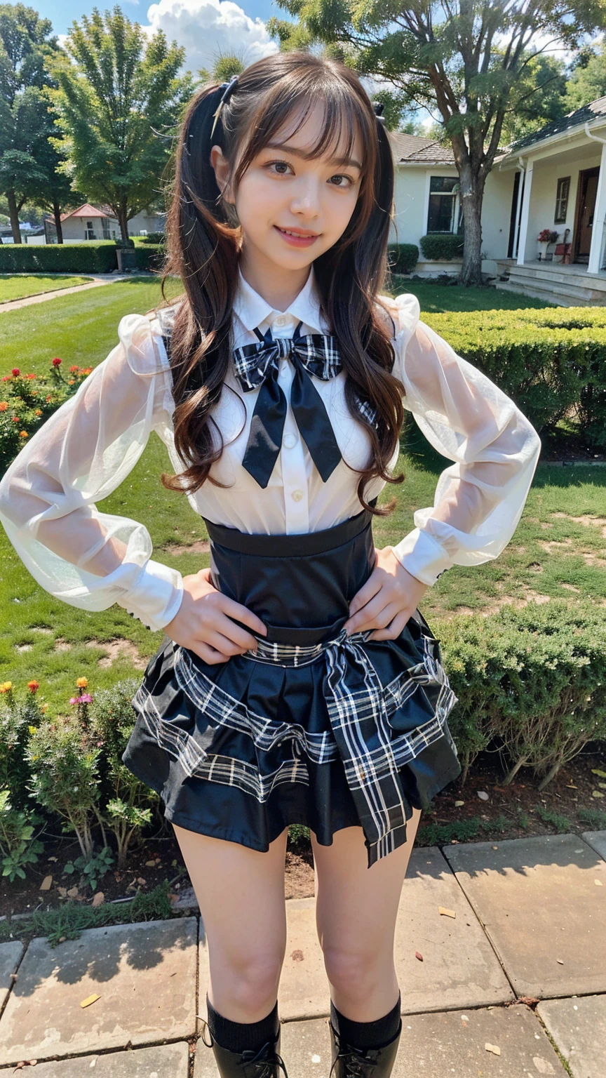 (8k、RAW Photos、Highest quality、masterpiece:1.2)、(Realistic、Realistic)、1 Girl、((See-through、Twin tails、Idol Costume、ribbon、Black Check Mini Skirt、Frilledium Hair、smile、whole body、boots、garden、View from the front、Looking at the camera、Hands on your hips))、cute