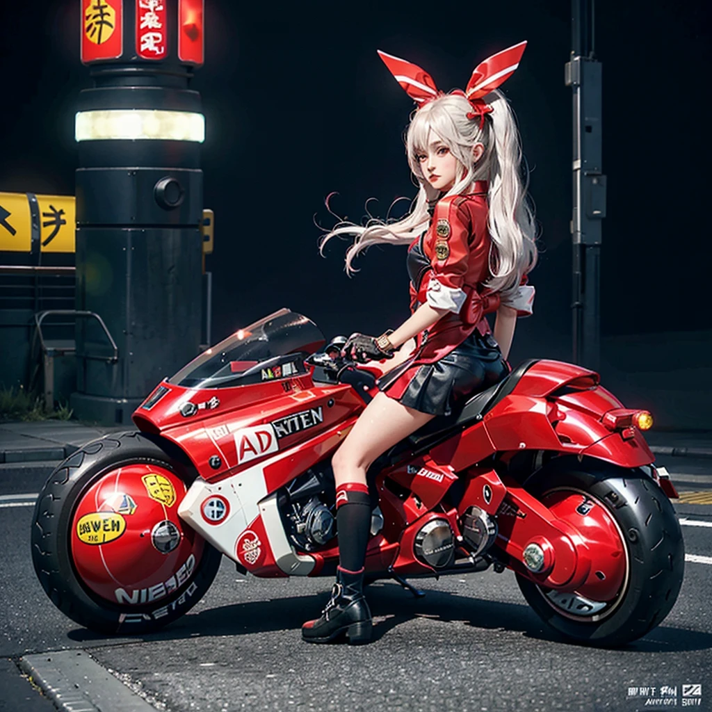 Official Art, Unity 8k Wallpapers, Ultra-detail, Beautiful and aesthetic, ​masterpiece, top-quality, realisitic, banya, red blush, length hair, white  hair, striated hair, Red Neon Eyes, Hair bow, Mole under the eyes, Red Akira Bike, Riding Bicycles, natta, Cyberpunk City View, Spectacular screen, Uniforms,neon color，Rin々Nice ，Cute ，bow ribbon，