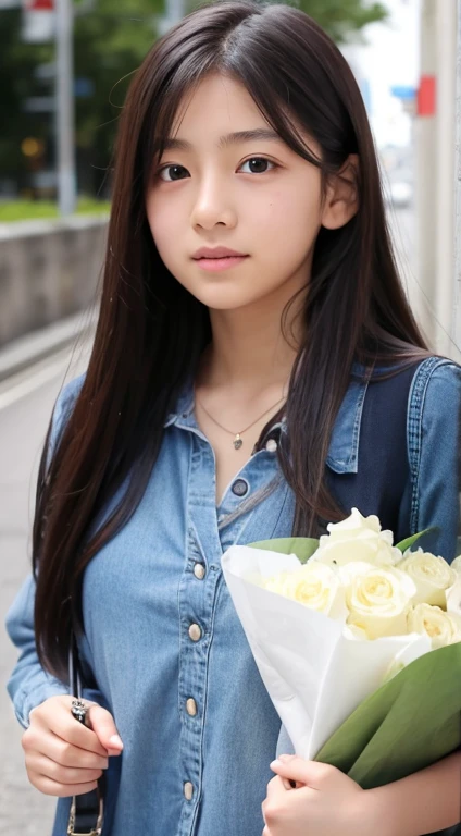 1girl in、15-years old、Esbian'Because of the loud boos, the lower part of her chest was visible.、A dark-haired、hotpants、pantiy、Beach、A slight smil、cleavage, decollete, decolletage