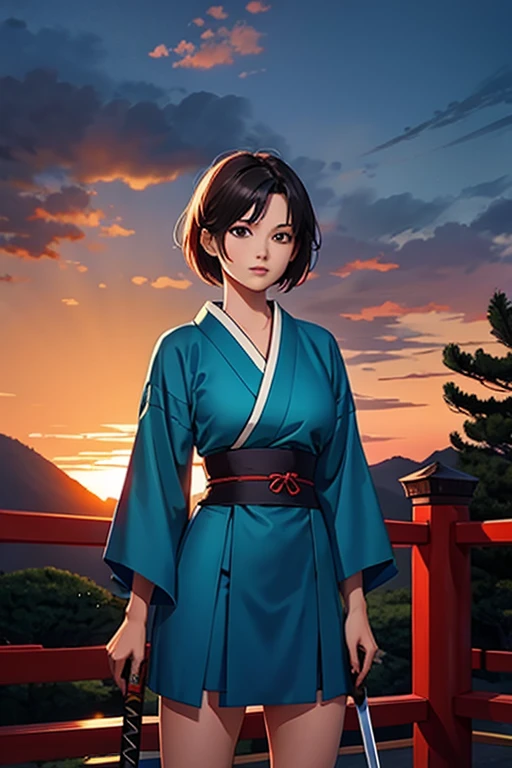 beautiful short-haired swordsman woman, japanese swordsman, sunset 