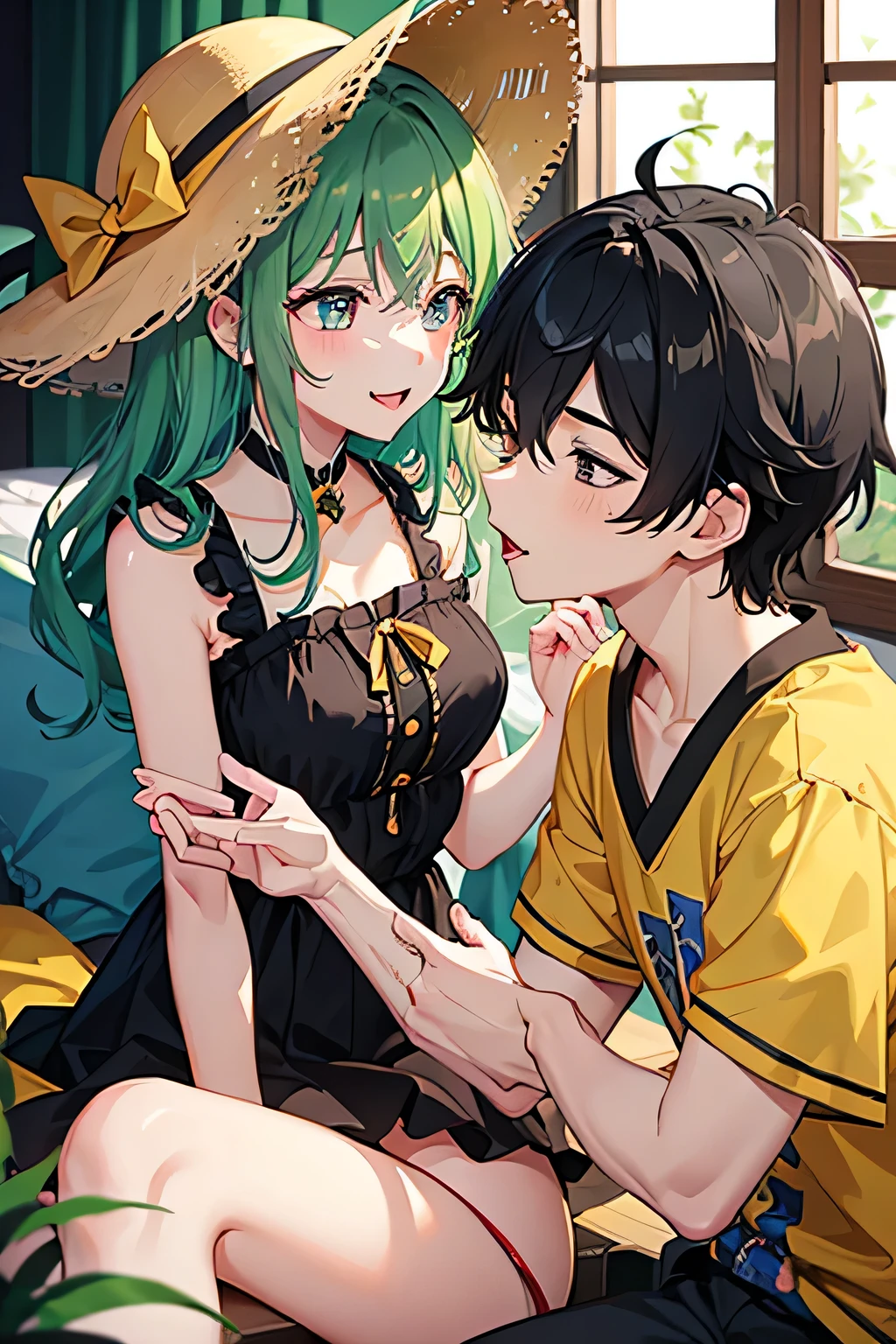 masterpiece,Highest quality,koishi_East, komeiji_koishi_East, Male and female couple,girl,boy,Handsome black-haired guy, Deep Kiss、tongue、saliva、Love Hotel