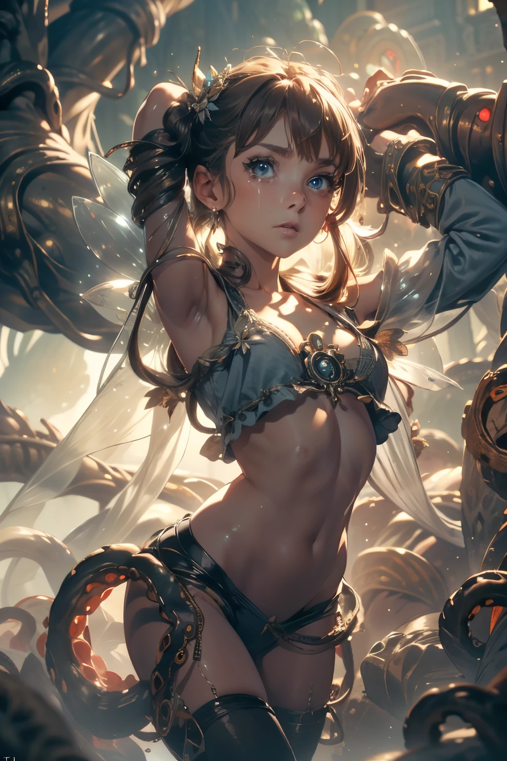  ((masterpiece:1.4, best quality))+, (ultra detailed)+, long twintails, (white thighhighs), cute girl,blue clothes, (flat chest:1.3), 1 fairy girl, off-shoulder sweater, a fairy, fairy girl, winged pixie girl, girl fairy, various different types of insect wings, small breasts (flat chest:1.3), NSFW，tentacle-like vines, Covered with tentacles, encoiled by tentacles, Tentacles around the body, many tentacles, captured by tentacles, bound by tentacles, trapped by tentacles, Fine details，Tentacled，Tied with tentacles, roaming tentacles, drooling，Crying，horrified expression, panic, fight for survival, helplessness, Detailed body，Full limbs，NSFW, being pulled into a flower, wild environment, jungle, terrifying floral environment, horrific nature, predatory flora, fairy catcher, fairy trapper, fairy catcher plant, tentacle-like vines, fairy trapper-plant, fairy catcher flower, tentacle-like vines, fairy trapper-flower inspired by carnivorous plants; a plant occupying the equivelant evolutionary niche as a spider would 