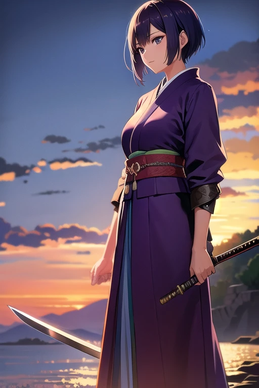 beautiful short-haired swordsman woman, japanese swordsman, sunset