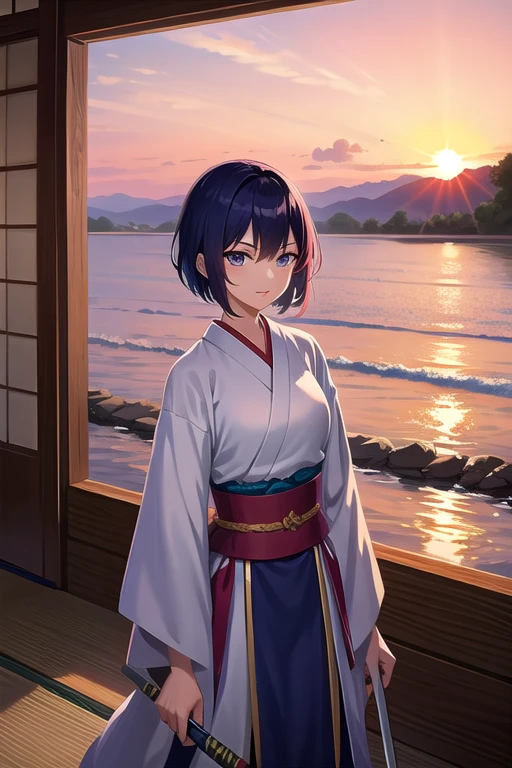 beautiful short-haired swordsman woman, japanese swordsman, sunset
