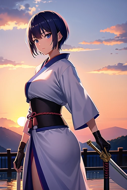beautiful short-haired swordsman woman, japanese swordsman, sunset
