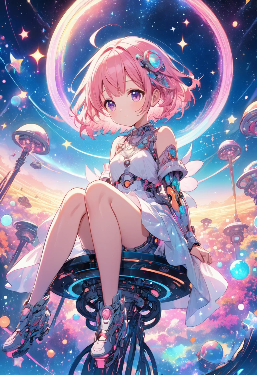Detailed manga-style image of cute girl, Ethereal anime character, short pink hair girl, sitting in a cosmic wonderland, vibrant colors, celestial glow, intricate mechanical legs, magical atmosphere, starry background, dreamlike quality, detailed illustration style.