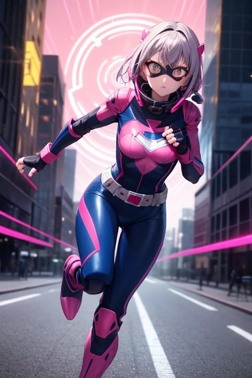 ((best quality)), ((masterpiece)), (detailed), 1 girl, full body, 20s, young adult, masked, black mask covering her entire head, smooth head, biker helmet, biker helmet with blue headphones on the sides, flashlight on her forehead, short pink hair coming out of her helmet, face, black collar, tall, slim, athletic, circles on her wrists, pink details, black fingerless gloves, pink wristbands, nanotech speedster suit that resembles light armor, blue chest with an emblem, blue chest, black suit with pink lines, pink speed emblem on her chest, pink emblem, blue pants, gray knee pads, metallic pink boots, white superhero belt, running through the city, pink light trail, laser, city background, anime