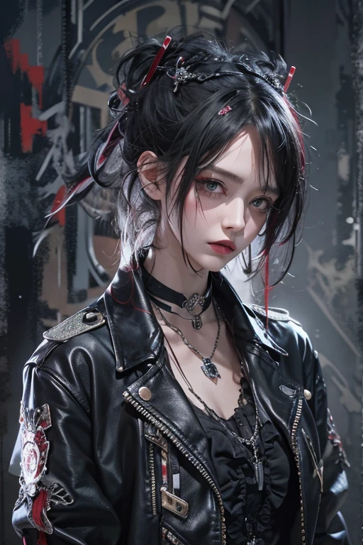 Highest quality、、masterpiece：1.3、Gothic Punk、Red on the inside、Gray Black Hair、hair ornaments、beautiful girl、creative、Punk Shirt、Neogoth、Goth Fashion：1.2、High resolution、masterpiece、Highest quality、頭w:1.3、((Hasselblad Photos))、Fine skin、Sharp focus、(Cinema Lighting)、Explore Tokyo&#39;The city at night beyond the neon lights, Forehead open, 17 years old、Petting&#39;Hair back、Shoulder Bare、Small red rose tattoo on the décolletage、Just one tattoo