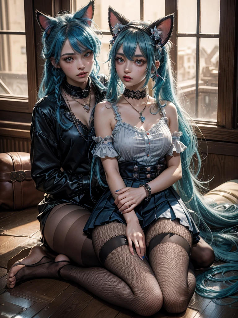 Goddess, Hatsune Miku, Gradient Eyes, Watery Big Eyes, Colored Eyelashes, Beautiful Eyes, Lipstick, Cat Mouth, Rabbit Ears, Angry, Hair Over the Shoulder, Blue Hair, Asymmetric Bangs, Double Braids, Lolita Hair Accessories, Hairpins, Stud Earrings, Colars, Rings, Pendants, Brooches, Corsages, Ribbons, JK Uniforms, Fishnet Socks, Butterfly Wings, Legs Entwined, Ten Fingers Interlocked, Staddling, Library, Bust, Delicate Facial Features, Perfect Face, , Multiple Girls, Student, Short Eyebrows, Watery Big Eyes, Chestnut Mouth, Lipstick, Animal ears, annoyances, long hair, blue hair, crossed bangs, messy hair, Lolita hair accessories, bracelets, sapphire brooches, necklaces, nail polish, JK uniforms, pleated skirts, lace, bare feet, one-legged pantyhose, sitting sideways, learning to bark, tied to a cross, hands on someone else's waist, dusk, hills, desert, wasteland, atmospheric light, Tyndall effect, natural light  