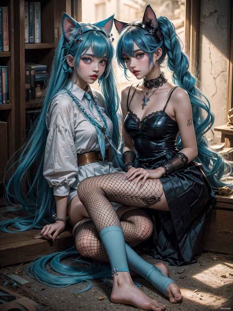 Goddess, Hatsune Miku, Gradient Eyes, Watery Big Eyes, Colored Eyelashes, Beautiful Eyes, Lipstick, Cat Mouth, Rabbit Ears, Angry, Hair Over the Shoulder, Blue Hair, Asymmetric Bangs, Double Braids, Lolita Hair Accessories, Hairpins, Stud Earrings, Colars, Rings, Pendants, Brooches, Corsages, Ribbons, JK Uniforms, Fishnet Socks, Butterfly Wings, Legs Entwined, Ten Fingers Interlocked, Staddling, Library, Bust, Delicate Facial Features, Perfect Face, , Multiple Girls, Student, Short Eyebrows, Watery Big Eyes, Chestnut Mouth, Lipstick, Animal ears, annoyances, long hair, blue hair, crossed bangs, messy hair, Lolita hair accessories, bracelets, sapphire brooches, necklaces, nail polish, JK uniforms, pleated skirts, lace, bare feet, one-legged pantyhose, sitting sideways, learning to bark, tied to a cross, hands on someone else's waist, dusk, hills, desert, wasteland, atmospheric light, Tyndall effect, natural light  